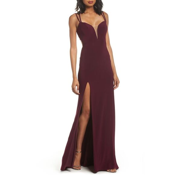 LA FEMME Dark Berry Wine Open Back Jersey Strappy Back Thigh Slit Gown Size 6